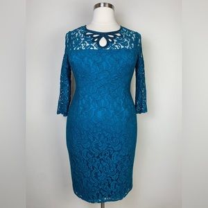 Adrianna Papell Lace Sheath Midi Dress Teal Beaded Neckline Size 16 Lined